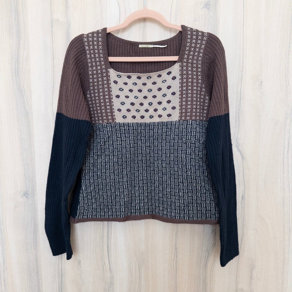 Max Studio Womens‎ Sweater Size M Brown Mixed Patchwork Wool Boho Cottage Indie